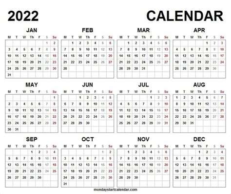 Monday Start 2022 Calendar Template Monthly Calendar 2022 Template