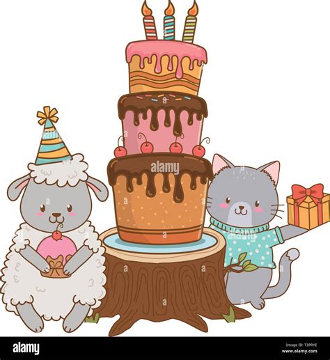 Cute Little Animals At Birthday Party Festive Scene Cartoon Vector