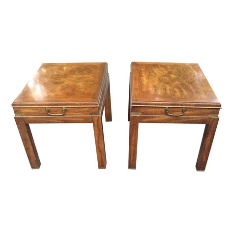 Lane Vintage Wood & Brass End Tables - A Pair | Chairish