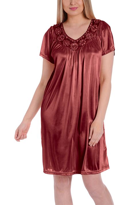 Buy Ezi Womens Plus Satin Silk Short Sleeve Sequins Nightgown Online In