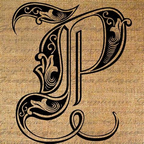 Letter Initial P Monogram Old Engraving Style Type Text Word Etsy B