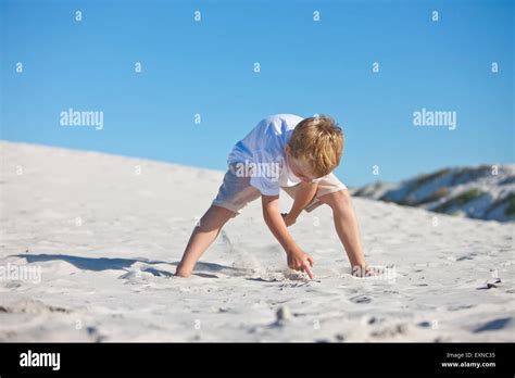 Boy Digging In Sand On Beach Stock Photo Alamy