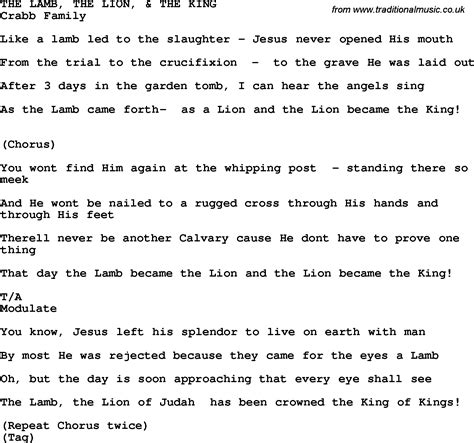 Country, Southern and Bluegrass Gospel Song The Lamb, The Lion, & The