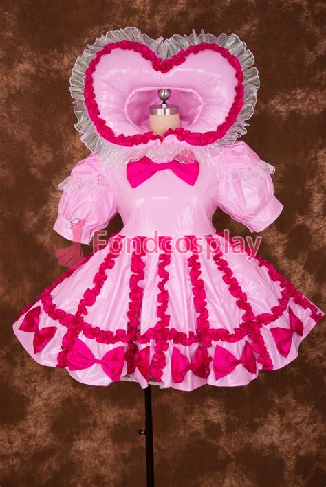 Sexy Lockable Pink Heart Type Hat Pvc Sissy Maid Short Dress Cosplay