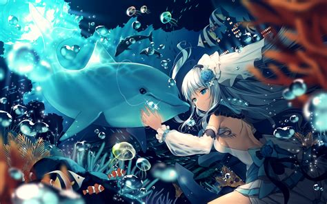 Hình Nền Anime Cô Gái Nước Ký Tự Gốc Dưới Nước Cá Heo Dauphin