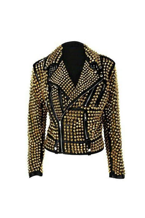Handcrafted Women Golden Full Gold Studded Genuine Leather Jacket