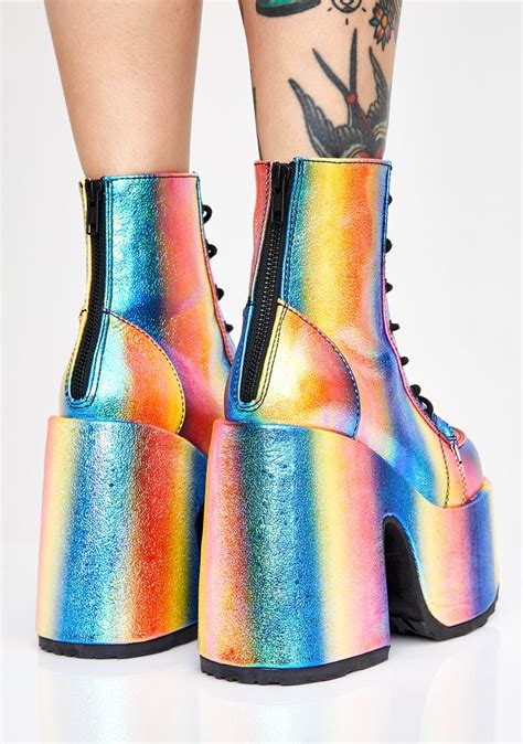 Demonia Iridescent Lace Up Platform Boots Rainbow Dolls Kill