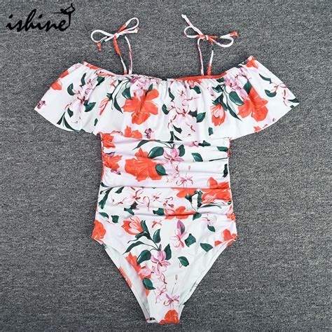 2018 Sexy One Piece Ruffle Swimsuit Off The Shoulder Print Floral Swimwear Women Push Up Bathing