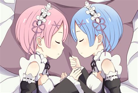 2girls Blue Hair Headdress Maid Pink Hair Ram Rezero Rem Rezero