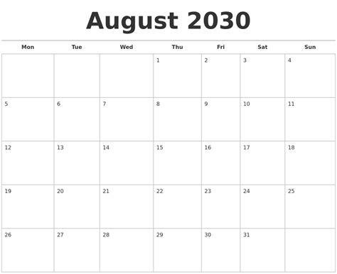 August 2030 Calendars Free