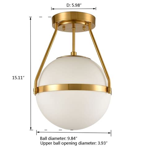 Brass Mid Century Opal Glass Shade Globe Semi Flush Mount Ceiling Light Claxy