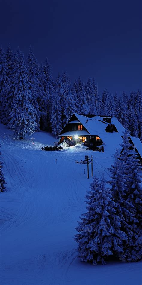 Download Wallpaper 1080x2160 House Night Winter Trees Snow Layer