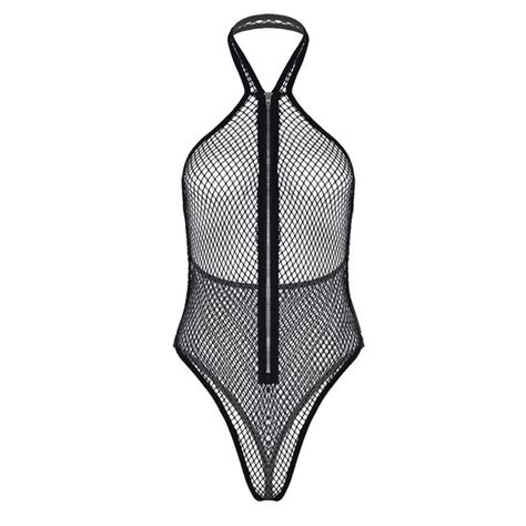 2019 Sexy Zipper Bodysuit Thong Swimwear Women Lingerie One Piece Halter Neck Zip Up See Through