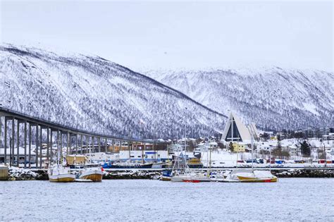 Tromso Small Boat Harbour Fjord Bridge Arctic Cathedral Deep Snow