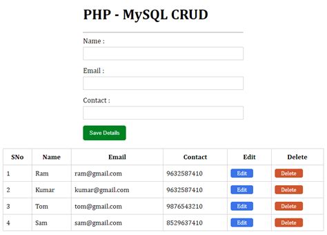 PHP MySQL CRUD Create Read Update And Delete Application