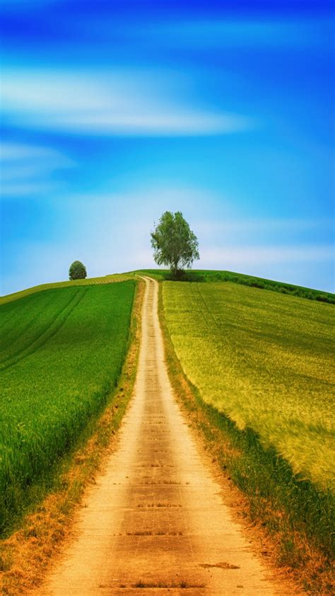 Download Wallpaper 720x1280 Dirt Road Landscape Sunny Day Blue Sky