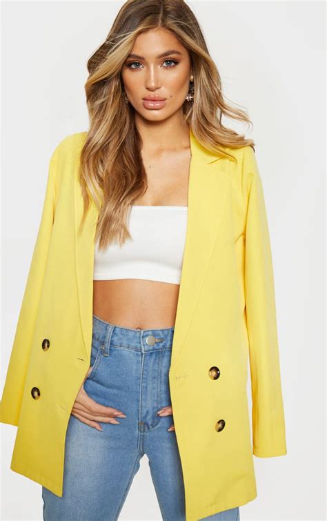 Yellow Button Detail Blazer Prettylittlething Usa Blazer Outfits