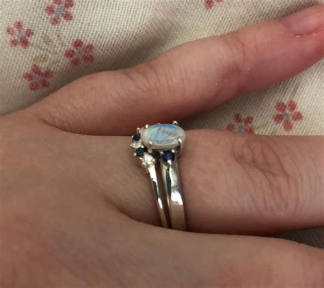 Moonstone Sapphire Engagement Ring Set Oval Rainbow Moonstone Three Stone Halo Wedding Bridal