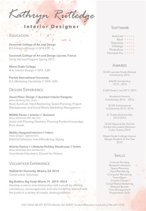 When writing a cover letter, be sure to reference the requirements listed in the job description. Kathryn Rutledge Resume | Interior design resume, Resume ...