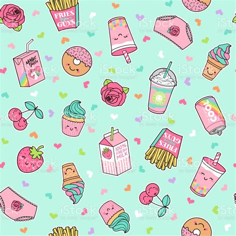 Cute Pastel Foods Patches Seamless Pattern With Heart
