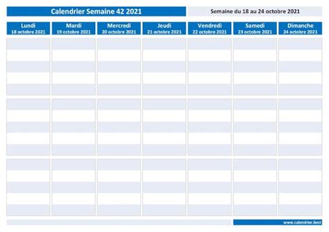 Semaine 42 2021 Dates Calendrier Et Planning Hebdomadaire à Imprimer