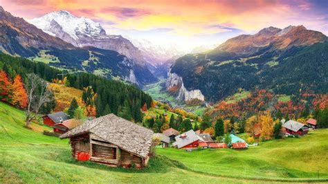 Lauterbrunnen Valley Switzerland Idyllic Mountain Scenery Of Swiss