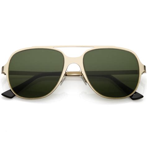 Sleek Metal Aviator Sunglasses With Double Crossbar Neutral Color Flat Lens 54mm Gold Green