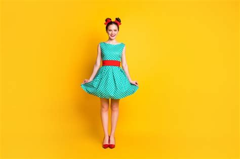 Premium Photo Full Length Body Size View Of Lovely Cheerful Girl Wearing Teal Dress Posing