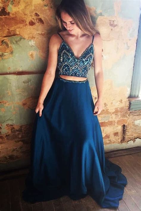 Sparkly Two Piece Sequins Navy Blue Long Prom Dress In 2020 Piece