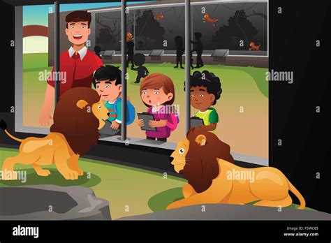 A Vector Illustration Of Kids On A School Field Trip To The Zoo Stock