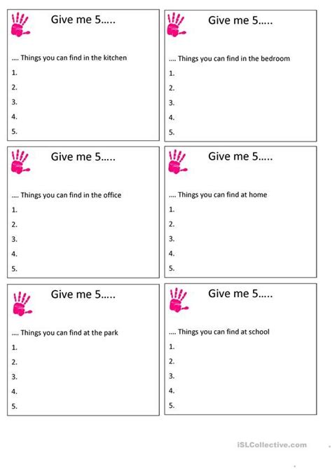 Conversation Game Cards Name 5 Things English Lessons For Kids