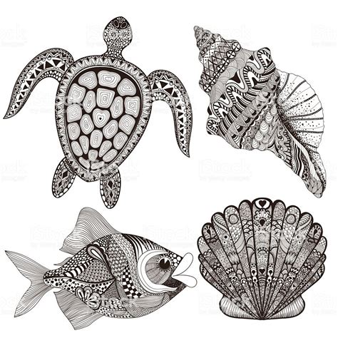 Black Sea Shells Fish And Turtle Hand Drawn Doodle Vector