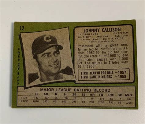 1971 John Johnny Callison 12 Chicago Cubs Topps Baseball Card Ebay