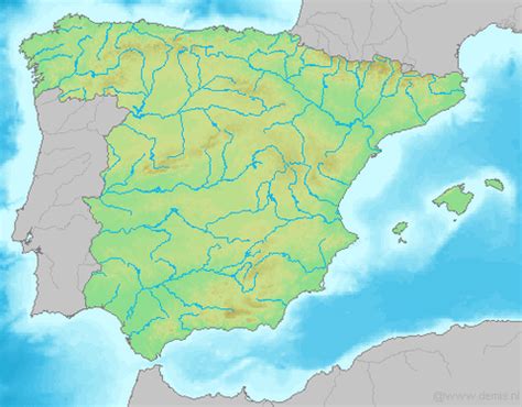 Mapa físico y hidrográfico mudo de España Gifex