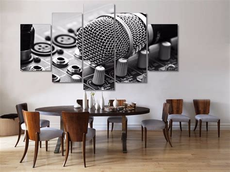 Microphone Dj Music Room Black And White Framed 5 Piece Canvas Wall Art