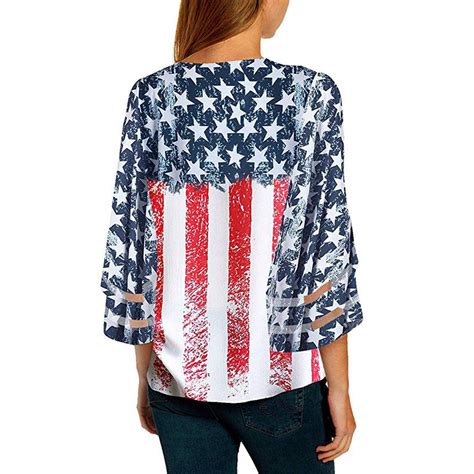 USA American Flag Patriotic V Neck Button Bell Sleeve Loose Blouse Shirt Top EBay