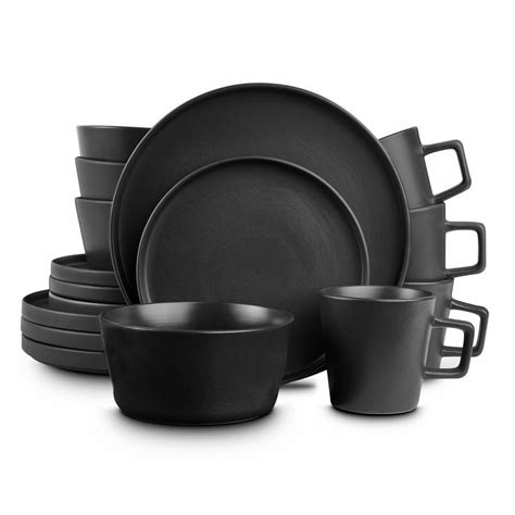 Stone Lain 16 Piece Modern Black Matte Stoneware Dinnerware Set Set