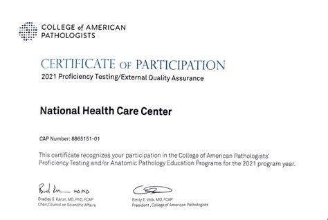 Cap Certificate Nhcc National Healthcare Center Ga