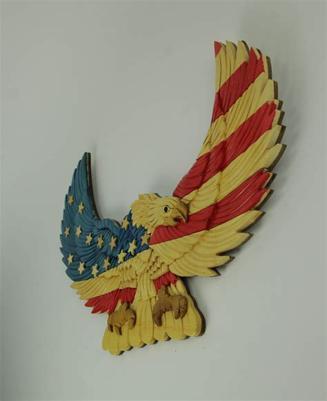 Zeckos Hand Carved Intarsia American Bald Eagle Wood Art Wall Hanging