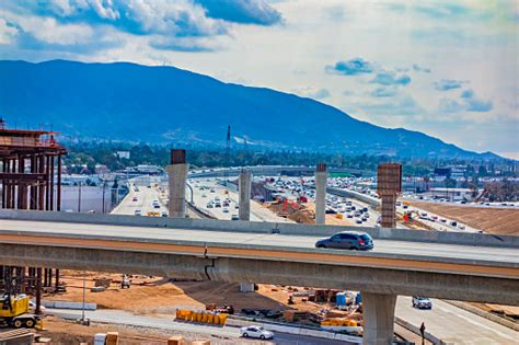 Cranes Constructing Freeway Overpass Ca Stock Photo Download Image