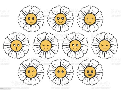 Sammlung Von Monochromen Und Farbigen Emojis In Form Einer Blume Eine