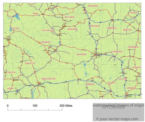 Wyoming map, routs of WA, vector map, printable map of WYO vector map