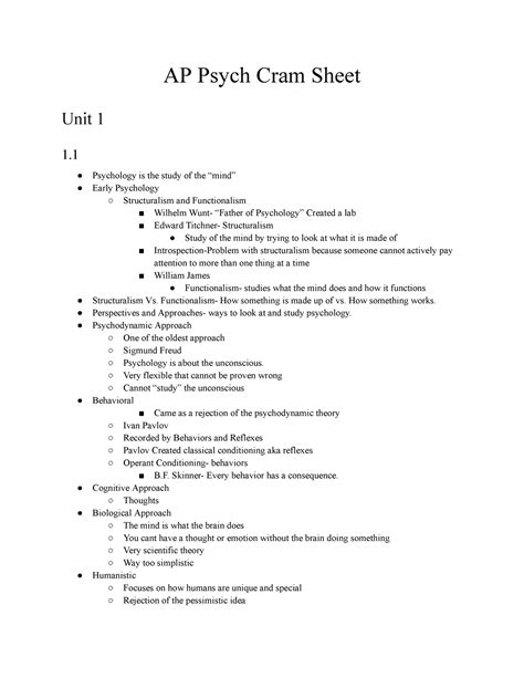 Ap Psych Exam Cram Sheet Ap Psych Cram Sheet Unit 1 1 Psychology Is