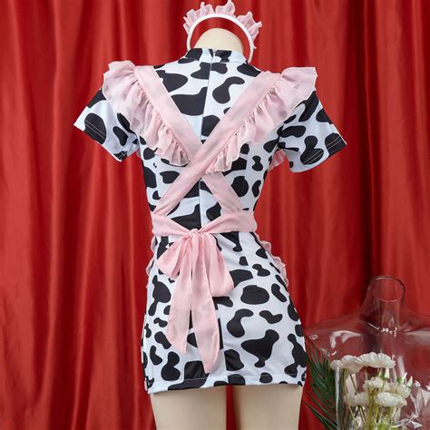 Cute Cow Maid Costume Anime Cow Print Lingerie Set Pink Mesh Maid Apro