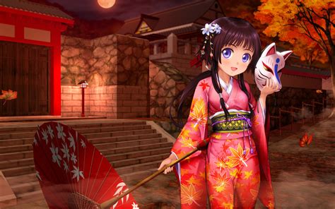 Anime Girl Kimono Umbrella Hd Wallpaper