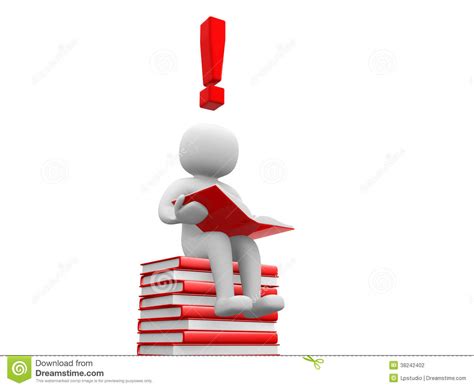 3d Man Sitting On The Book And Reading A Book With Exclamation M Stock