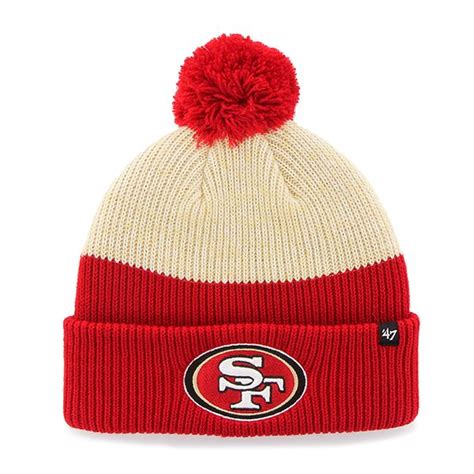 Sport 2019 home on field sideline 100% polyester acrylic outer shell 90% polyester, 10% wool lining team logo with est. San Francisco 49Ers Backdrop Cuff Knit Red 47 Brand Hat ...