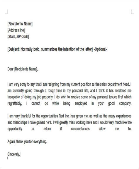 Job Resignation Letter Sample For Personal Reasons PDF Template