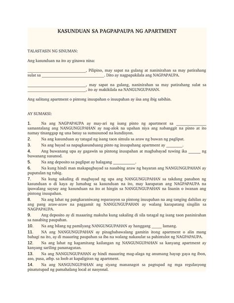 Docx Kasunduan Sa Pagpapaupa Ng Apartment Sample Dokumen Tips