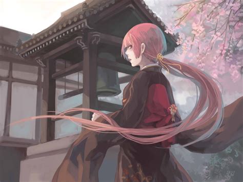 Temple Sakura Long Hair Kimono Girl Art Beautiful